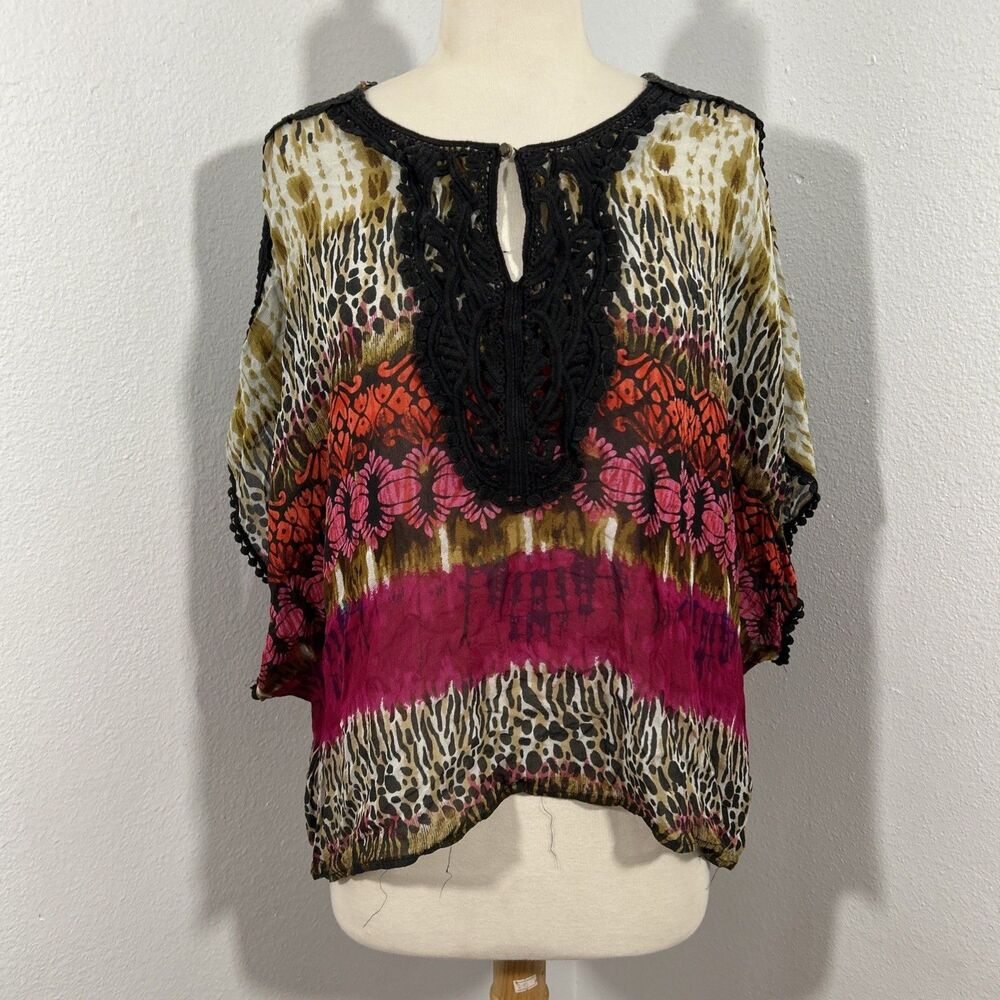 Bila Top‎ Womens Medium Multi Sheer Embroidered Cover up Blouse